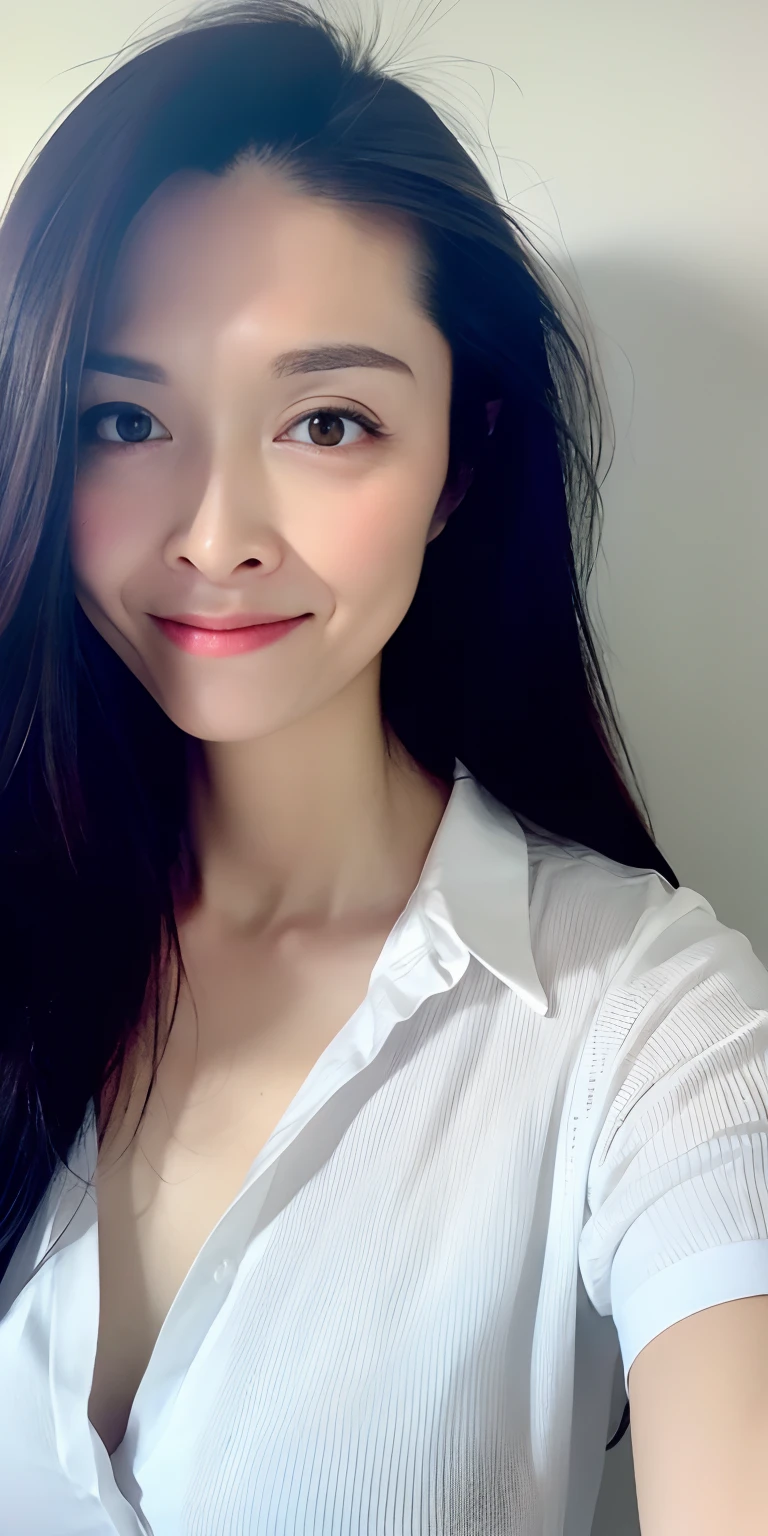 ((Best quality, 8k, Masterpiece :1.3)), Sharp focus :1.2, A pretty woman with perfect figure :1.4, Slender abs :1.2, ((Dark brown hair, Big breasts :1.2)), (White button up long shirt :1.2), ((show cleavage with bra:1)),City street:1.2, Highly detailed face and skin texture, Detailed eyes, Double eyelid