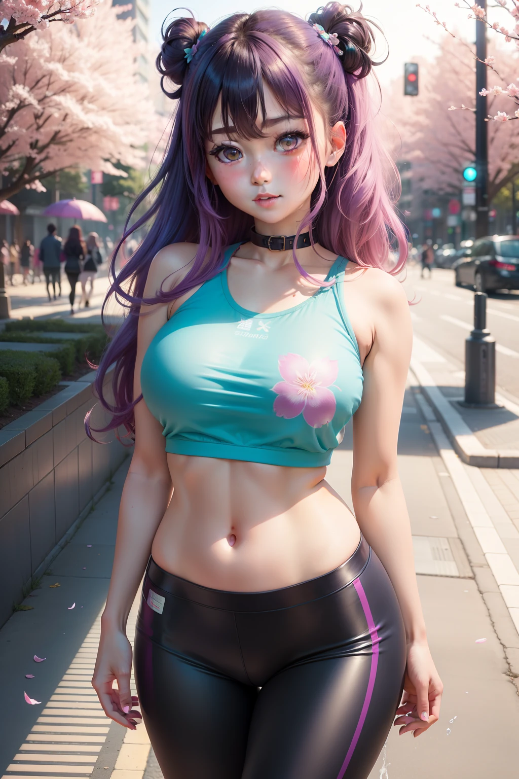 Beautiful Shibuya girl, Waist messy turquoise hair, Heterochromatic pink and purple eye color, Navy blue crop top with navy,Sailor collar,Wear yours with navy blue ripped leggings, cheerfulness, Make soap rainbow bubbles in the park with cherry blossom trees and fountains at sunset, Beautiful anime style girl all over, Clean detailed face, underdressing, analogous colors, Glowing shadow, beautiful gradation, Depth of field, Clean image, High quality, High detail, High definition, Luminous Studio graphics engine, Cute face, kawaii,big breast, Slim waist, nice hip, Ayane Yamano