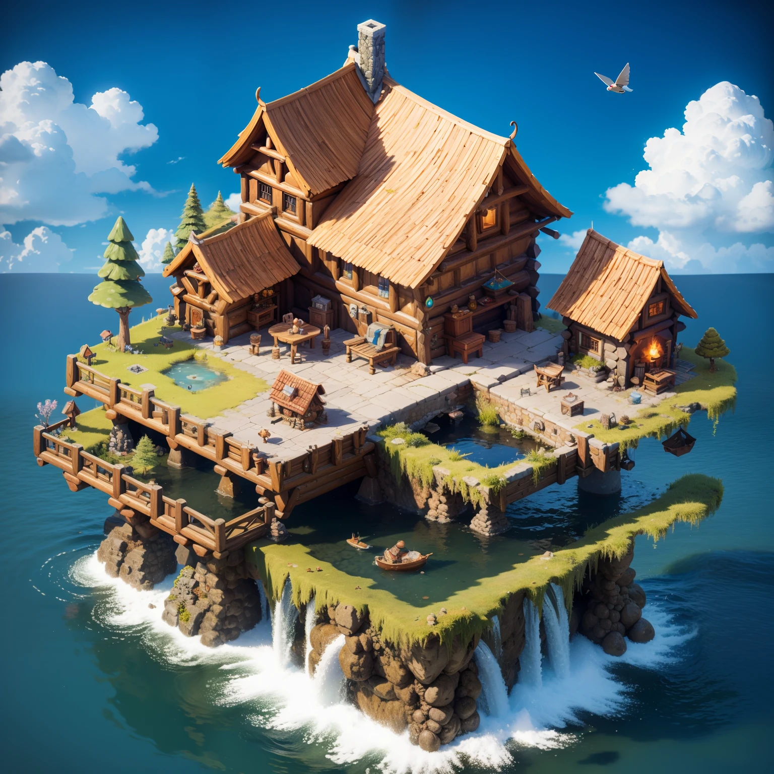 Fluffy，3d cartoon game scene，Isometric architecture，Floating island，Spring water，Lodge，small bridges，OC renderer，super-fine，Detailed portrayal，Accurate，8K，