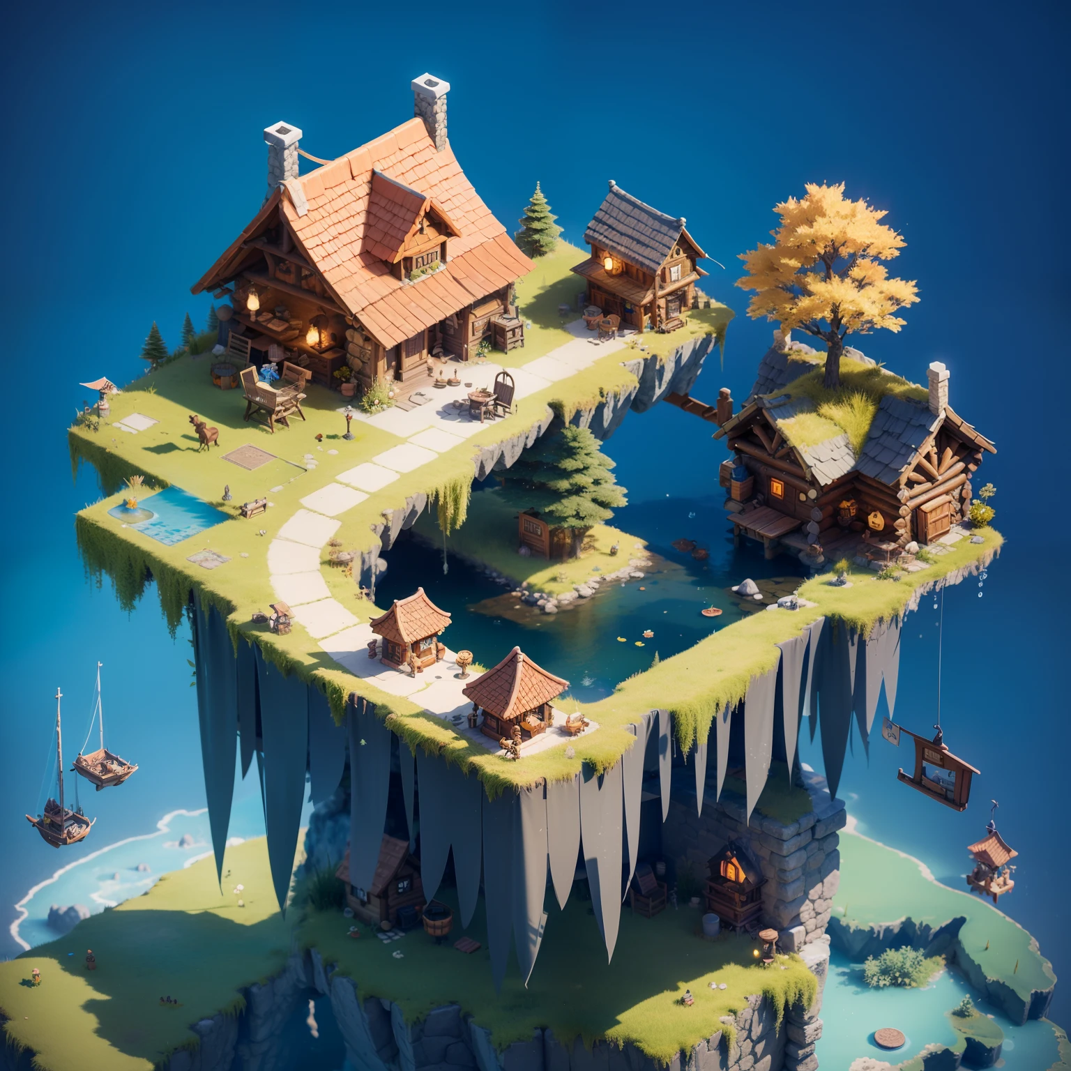 Fluffy，3d cartoon game scene，Isometric architecture，Floating island，Spring water，Lodge，small bridges，OC renderer，super-fine，Detailed portrayal，Accurate，8K，