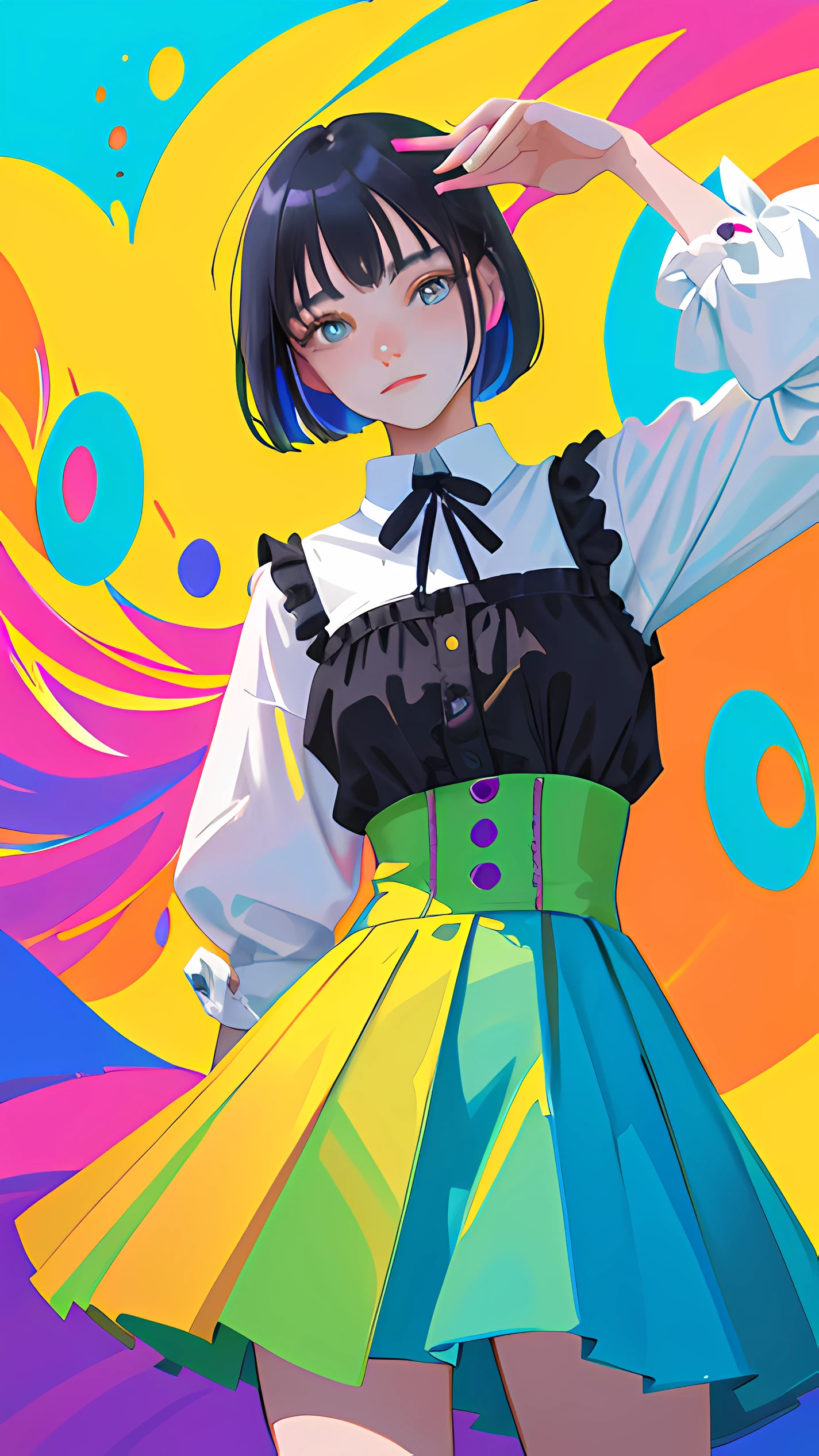 In a (masterpiece) of the (highest quality), an (ultra-detailed) illustration comes to life. The artwork features (1girl), standing (in a fashionable outfit) with a confident stance, while (looking at the viewer), as if in an (interview). Against a (simple background), her (beautifully detailed eyes) steal the spotlight, exuding charm and depth. With (flawless beauty) and a vibrant color palette, the artwork is (highly saturated), creating a captivating visual experience. Colorful splashes and a floating bubble add a touch of whimsy, while a (bright) glow accentuates the focus on her face. The attention to detail in this illustration is truly (remarkable).