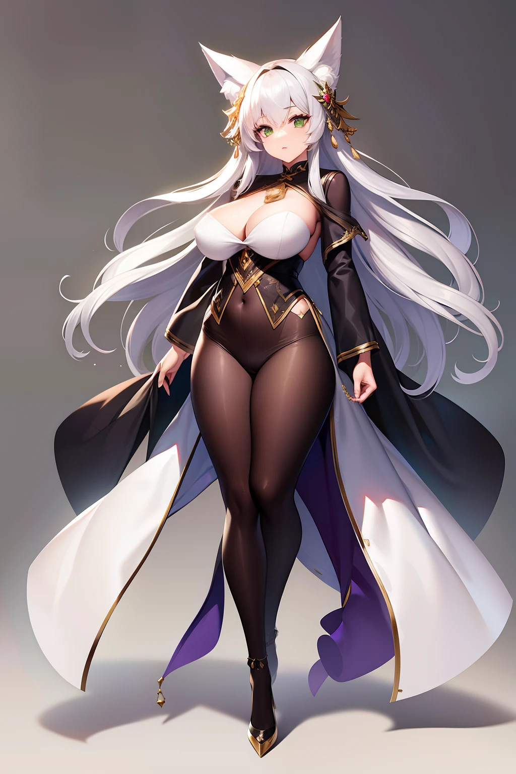 one woman, fox ears, fox tail, silver hair, green eyes, medium breasts, wide hips, full body, hair ornament, mommy, mature lady, well dressed,
