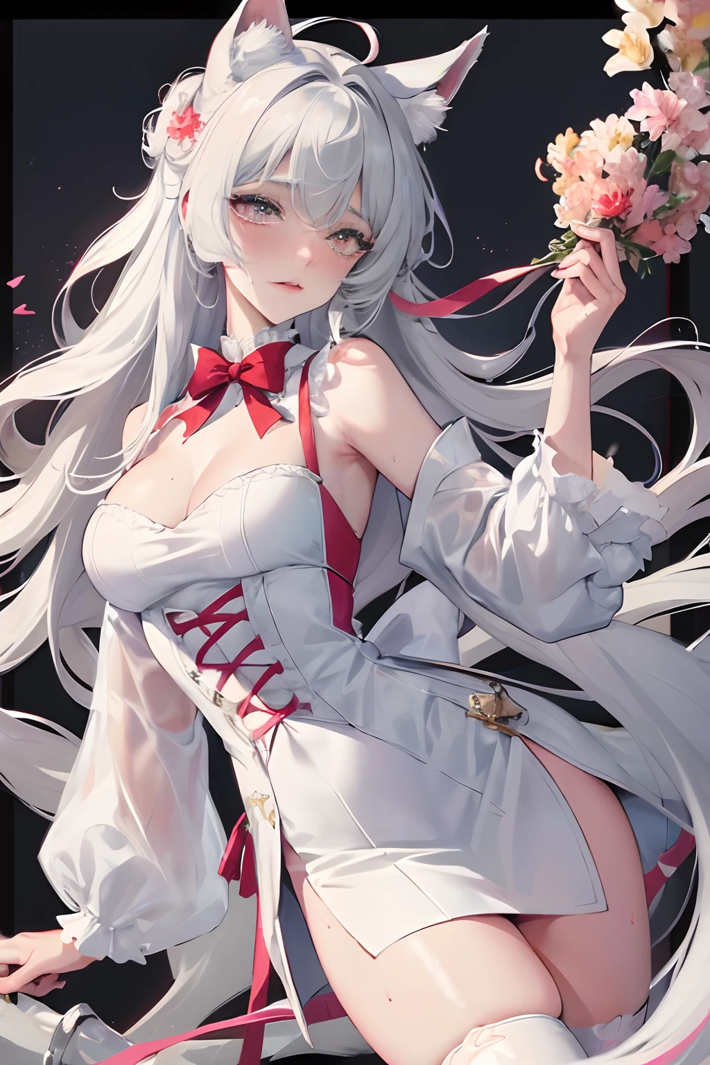 with long coiled hair, flowers in head, Cat ears, Bright pupils, Blush, (Monet:1), anaglyph, Fuji colors, outside border, Top-down view, hyper HD, Masterpiece, ccurate, Textured skin, 4K, Best quality, A high resolution, High quality, hyper HD, Masterpiece, Textured skin, A high resolution, Best quality, High quality, 4K,Exquisite facial features,Rich colors,Superskirt,Raised sexy,semi transparent,sweat leggs,dual horsetail,silvery white hair,Red pupils,Bow knot,(Wolf tail:1),bell,exquisite facial features