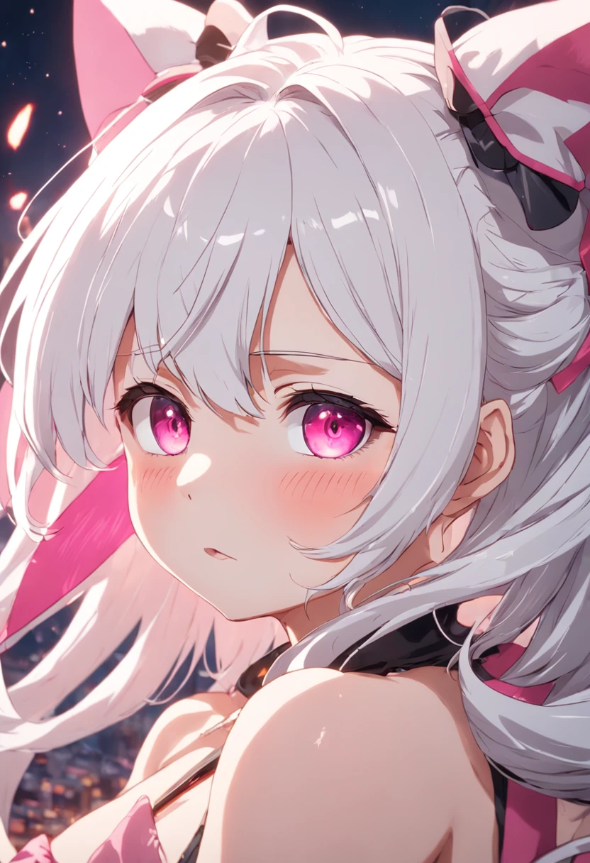 ear blush, fang, white hair, hair ribbon, shy, pink eyes, pov, anime style, 8k, super detail, ccurate