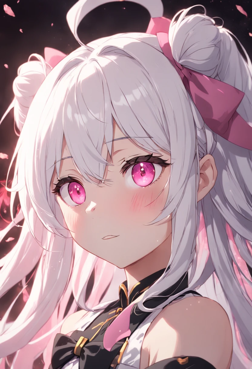 ear blush, fang, white hair, hair ribbon, shy, pink eyes, pov, anime style, 8k, super detail, ccurate