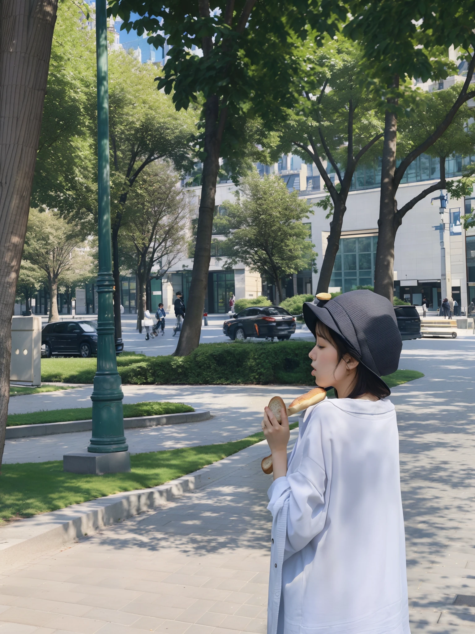 there is a woman standing on the sidewalk eating a banana, holding a baguette, in a city square, in a street, next to a tree, in a city park, with a park in the back ground, shot on leica sl2, in city street, with a figure in the background, with a park in the background, on a street, person in foreground