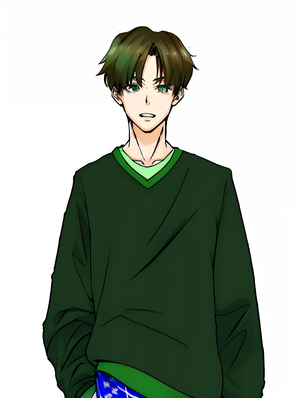 a cartoon boy in a green sweater, green eyes and blue badana skirt, kentaro miura manga style, inspired by Sakai Hōitsu, inspired by Hisui Sugiura, kentaro miura manga art style, manga style of kentaro miura, inspired by Bian Shoumin, koyoharu gotouge, toru furuya, shuushuu anime image