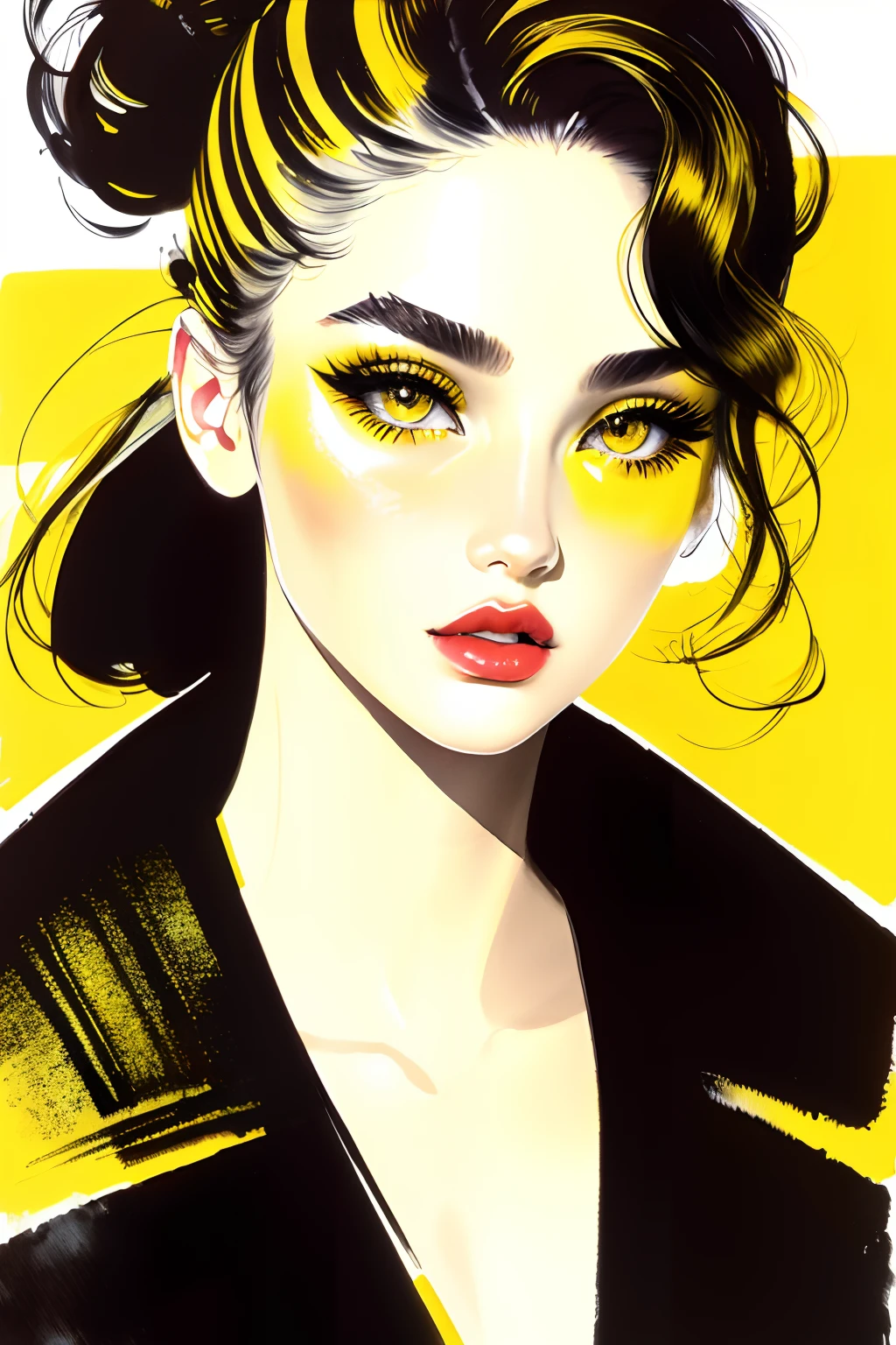 bissett, Illustration, ink watercolor, Yellow background, , 
1girl in, Solo, Simple background, Yellow sign on background, Beautiful yellow lips, Eyelashes, makeup, Traditional Media, lip stick, eyeshadows, Eye focus,（skin head）、