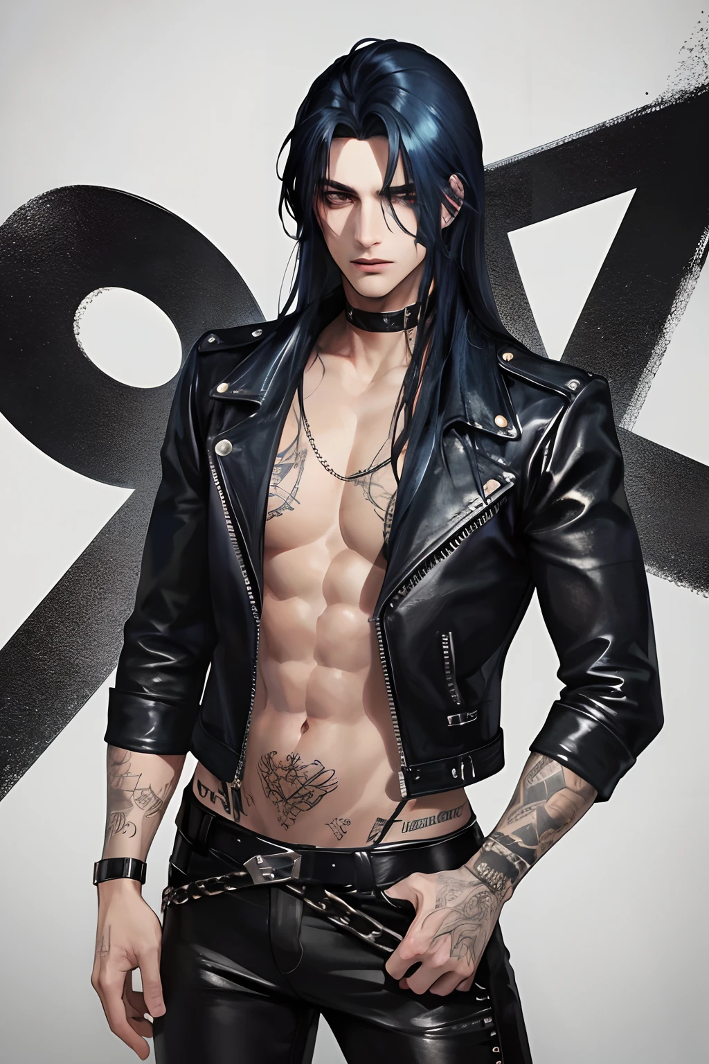 photography of a heavy metal star, a solo man, 25 years old, singer, bad boy, black eyes, expressive look, long dark blue black hair, bar on background, straight hair, blueshine hair, unshaven, black leather jacket, leather pants, chest tattoo, super detailed face, perfect body, perfect shapes, realistic image, award winning photography, 8k,