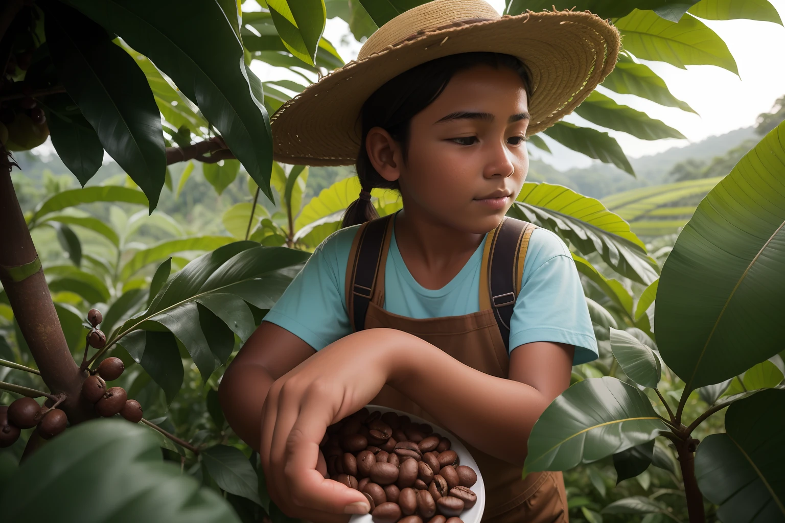 Date: 2018
Country: Colombia
Description: A teenager takes part in the annual coffee harvest, carefully picking coffee beans in the lush Colombian coffee plantations, celebrating a centuries-old tradition.