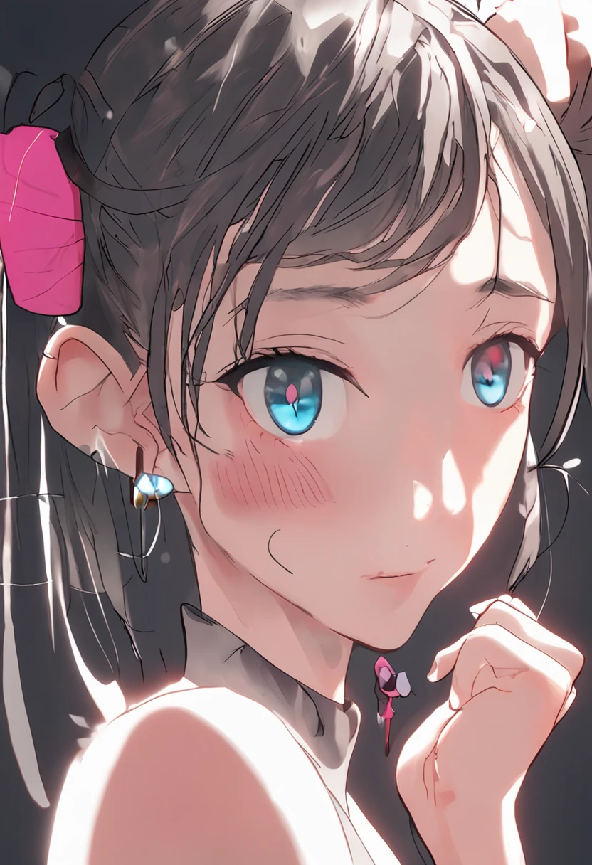 black hair, hair bobbles, wince, longeyelashes, solid circle eyes, fake animal ears, light smile, ear blush, fang, Surrealism, drop shadow, anaglyph, stereogram, tachi-e, pov, atmospheric perspective, 8k, super detail, ccurate, best quality