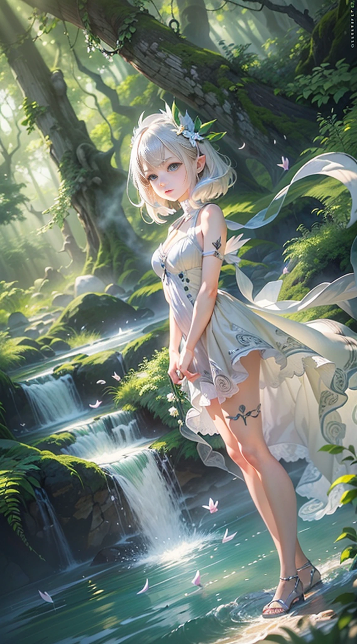 On a green meadow,A beautiful white-haired girl standroken behind her,A green forest stretches out,Mountains in the distance。 Breaking the effect that best suits this scene the watercolor technique,to capture the softness of the grass and the fluidity of movement。skimpy dress, tiny dress, cleavage, seductive eyes