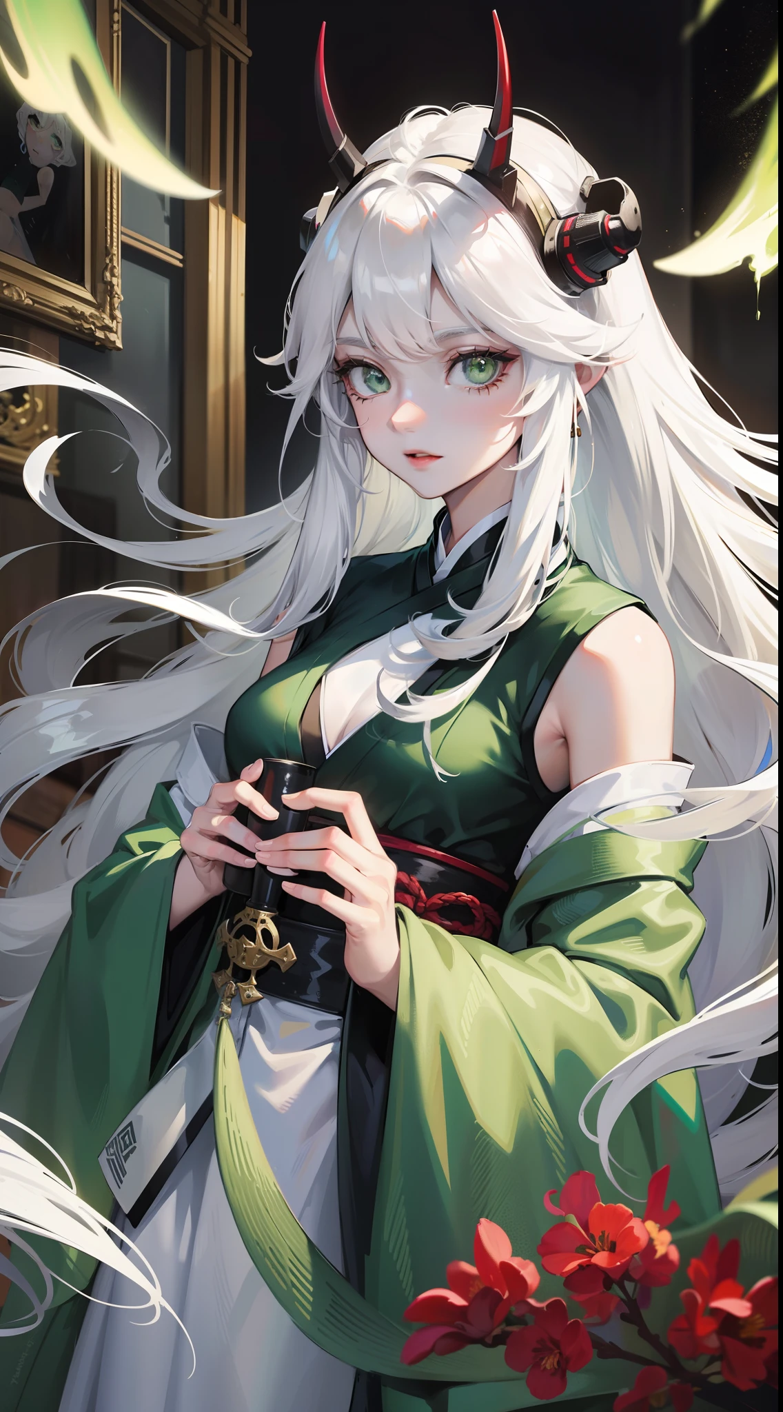 adult girl, Long white hair, Working with a horn, Green eyes, dragon tattoo, A cyborg, Hanfu, Masterpiece, hiquality