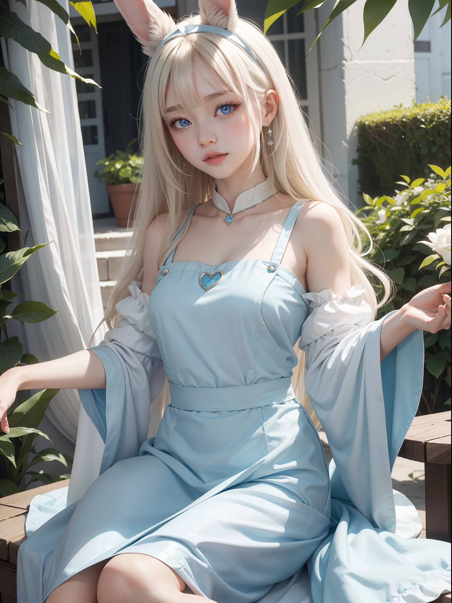 top-quality、超A high resolution、A picture、a photo of a cute girl,Rabbit ears、Detailed cute and beautiful face、(PureErosFace_V1:0.008)、beautiful bangs、alice in the wonderland、14years、White shiny skin、By bangs、Platinum blonde hair is extra-long, Straight hair is silky smooth、finer hair、Charming beautiful crystal clear blue eyes、White apron、a blue dress、nomake-up