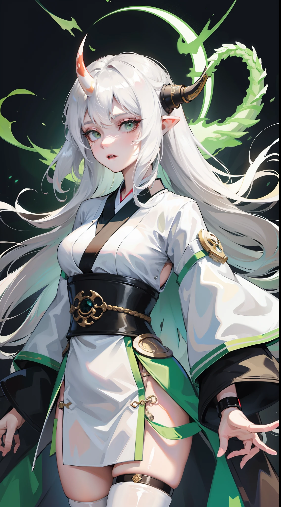 adult girl, Long white hair, Working with a horn, Green eyes, dragon tattoo, A cyborg, Hanfu, Masterpiece, hiquality