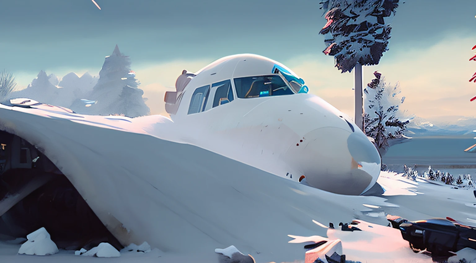 There was a white plane sitting in the snow, Rozarsky, video game screenshot>, snow wasteland, crashed in the ground, an avalanche of snow, simin stalenhag, Concept art of a fallout aircraft, Starlenhag style, inspired by Jakub Rozalski, super realistic”, style of jakub rozalski, Real Engine 5 movie