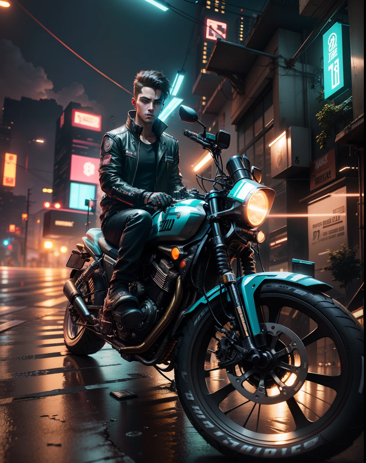 Change Background, cyberpunk, handsome boy, stand by bike, realistic face, 8k, ultra realistic, 3D