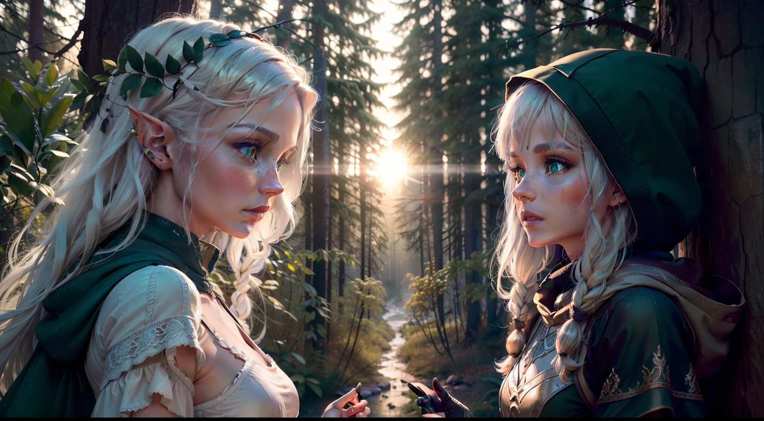 duo: Elven female ( white colored hair, Green eyes )Squatting ( concerned: 1,3 ) , Elven female( white colored hair, Cyan eyes ) Squatting, vibe ( With Skyrim in the background, woods ) ( letho ) ( Firefly: 1,2) ( Wear magic cloaks with a hood ) insane details, beautifully color-graded, Unreal engine, Depth of field, extra high resolution, megapixel, Cinematic Lightning, Smoothing, insanely detailed and intricate , Hyper maximalist, hyper realistic, volumetric, Photorealistic, ultra photorealistic, ultra- detailed, intricate details, 8K, Super detailed , Full color, voluminous lighting, HDR, Realistic, Unreal engine, 16k, sharp-focus, Octane Render, RTX. Incredibly detailed faces, Incredible fingers, Unbelievable eyes, Incredible hair, Incredible hands ( Incredible nature, drops, the wind, sun, Birds, rays )