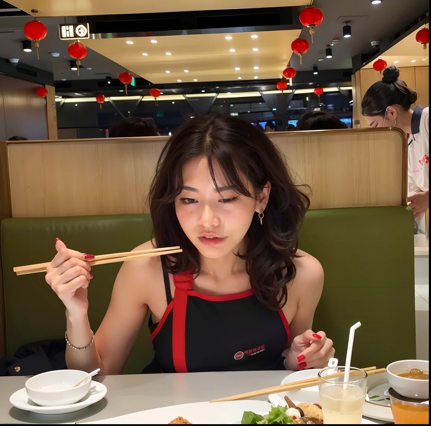 woman eating a meal at a restaurant with chopsticks in her mouth, eating noodles, eating, mukbang, chinese girl, sha xi, cai xukun, wearing a red cheongsam, chinese style, eating ramen, xintong chen, gemma chen, lulu chen, bae suzy, wenfei ye, jia, chinese, taken in 2 0 2 0