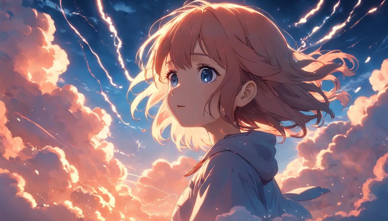 masterpiece, best quality, movie still, 1girl, cloud girl, floating in the sky, close-up, bright, happy, warm soft lighting, sunset, (sparks:0.7)