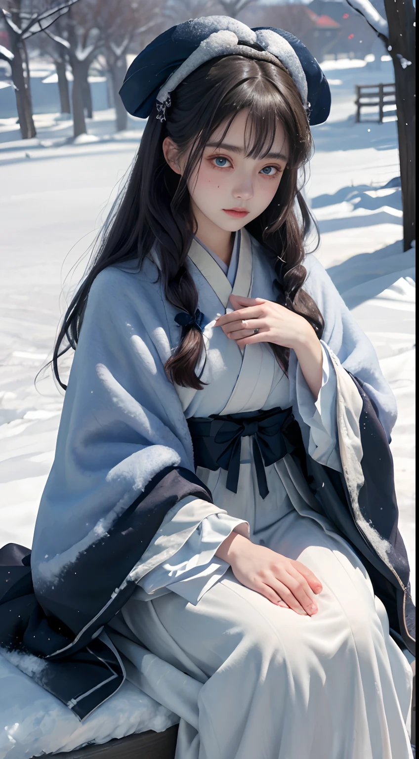 ((Works of masters))，(超A high resolution)，1 girl,Glowing eyes，Tears of sadness， Sitting, (Lolita costume)，cloaks (Oyuki, Cover with snow，Outdoor activities in winter:1.2),snow field，Blue eyes，The best quality illustrations，A meticulous face