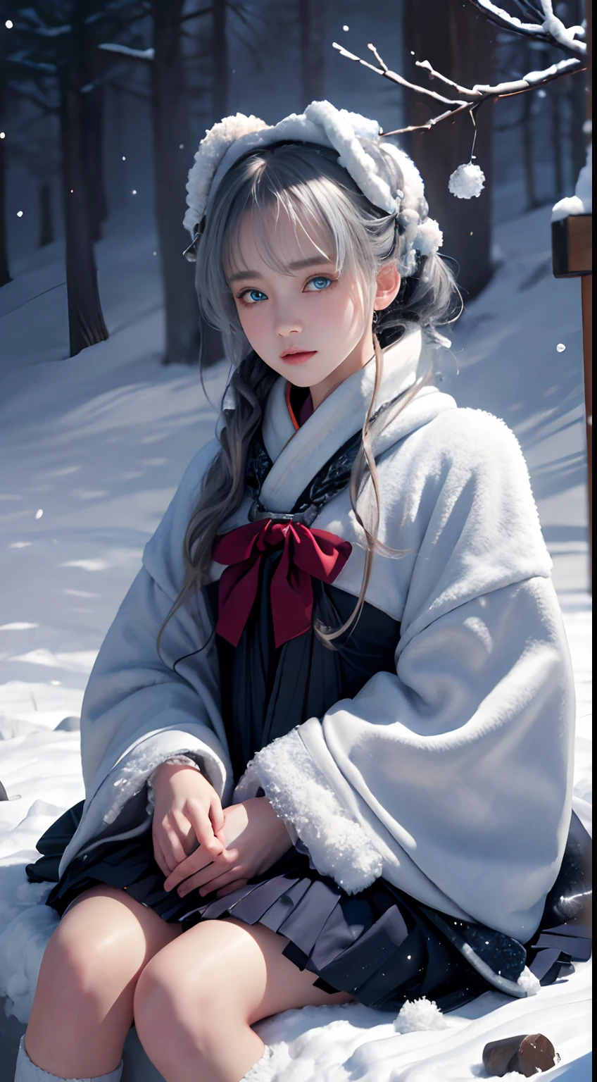((Works of masters)),(超A high resolution),1 girl,Glowing eyes,Tears of sadness, Sitting, (Lolita costume),cloaks (Oyuki, Cover with snow,Outdoor activities in winter:1.2),snow field,Blue eyes,The best quality illustrations,A meticulous face