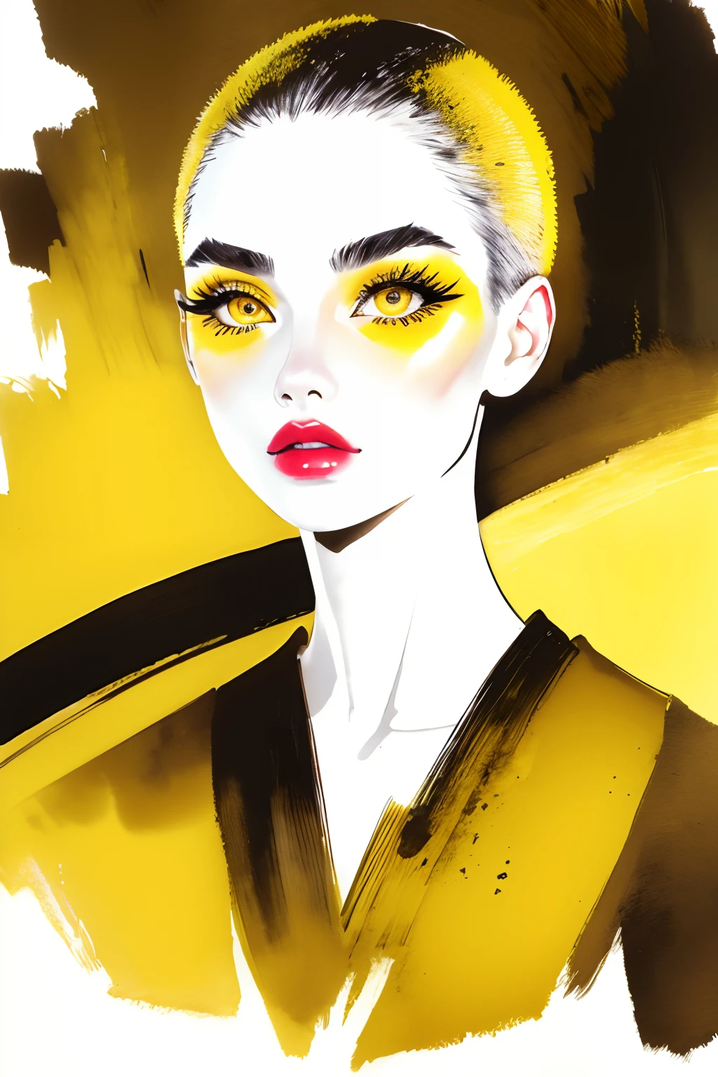 bissett, Illustration, ink watercolor, Yellow background, ,
1girl in, (bald)、Solo, Simple background, Yellow symbol on background, Beautiful yellow lips, Eyelashes, makeup, Traditional Media, lip stick, eyeshadows, Eye focus,(skin head)、
