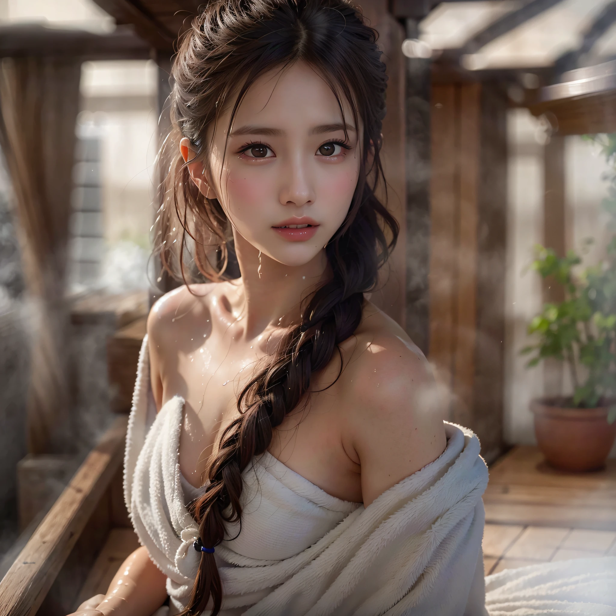 best quality, masterpiece, ultra high res, (photorealistic:1.4), RAW photo, 1Woman, small breasts:1.2, upper body, Slender Body:1.1, ((sauna)), (Wet Body), (white towel dress strapless):1.3, (Ultra Detailed Face, Detailed Lips, Detailed Eyes), (hair bun, single braid, dark brown hair), sitting on, Ultra-densely drawn body, Sony α7, 35mm Lens, f1.8