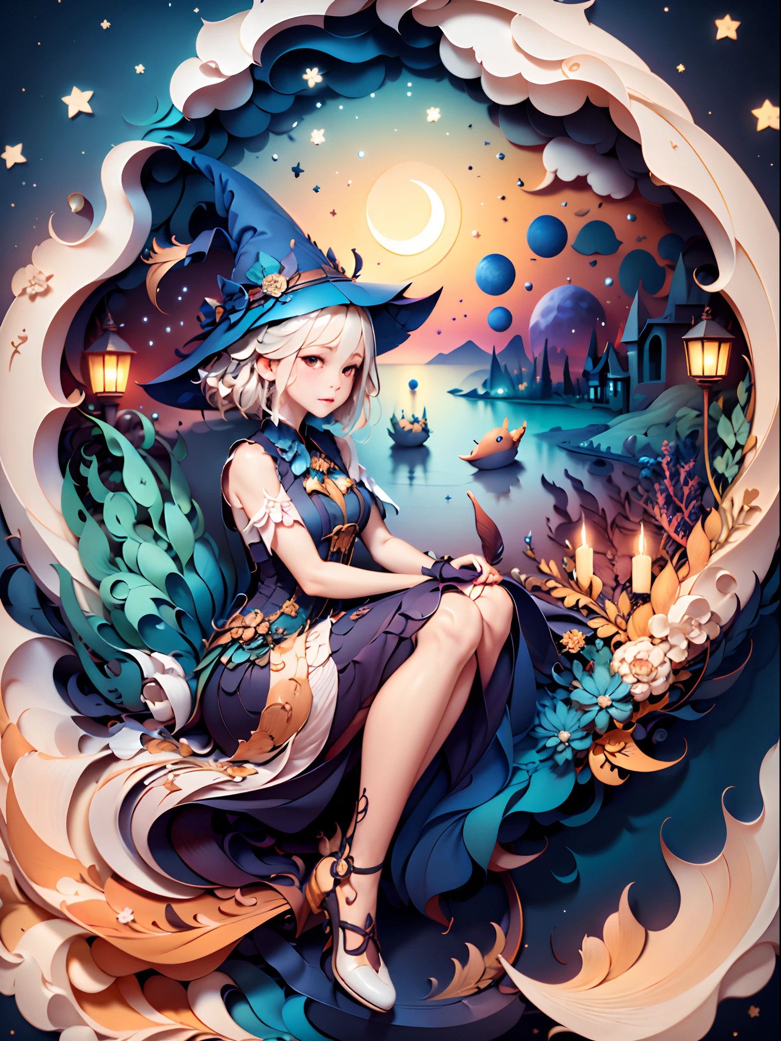 (((masterpiece))),best quality, illustration, 1girl, A witch wearing witch outfit, witch hat, sky, cloud, night, moon, star \(sky\), night sky, scenery, starry sky, fantasy. vibrant color scheme, Soft light,(warm color:1.2),Water color painting, light background, best quality exquisite details,3d rendering,Octane render, pastel, paper_cut.