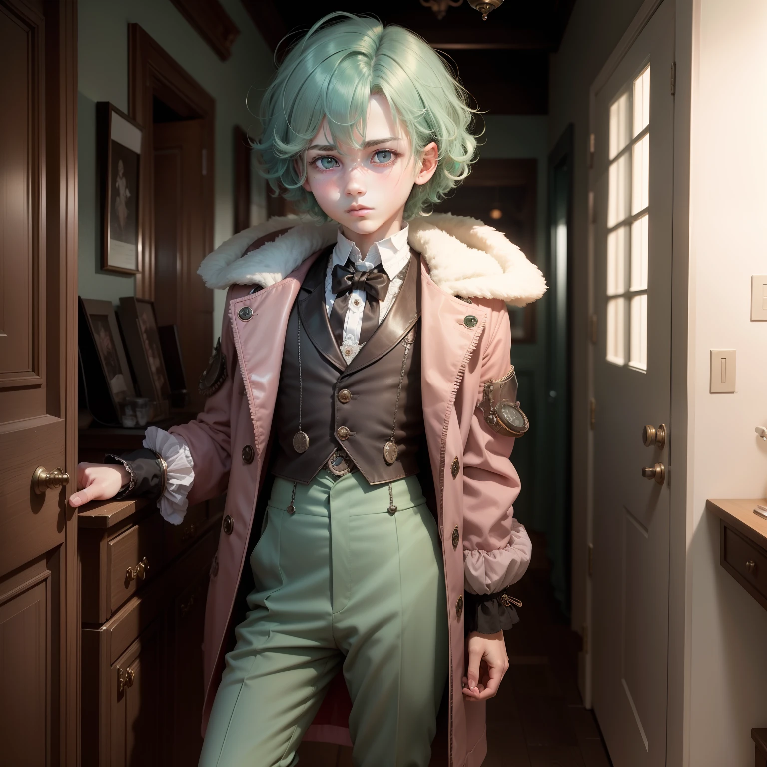 One Boy,steampunc,Pink eye color,baby-face,Strands of hair(mint green),Bob Hair,hair messy,(Perm Hair),is standing,Decadent,