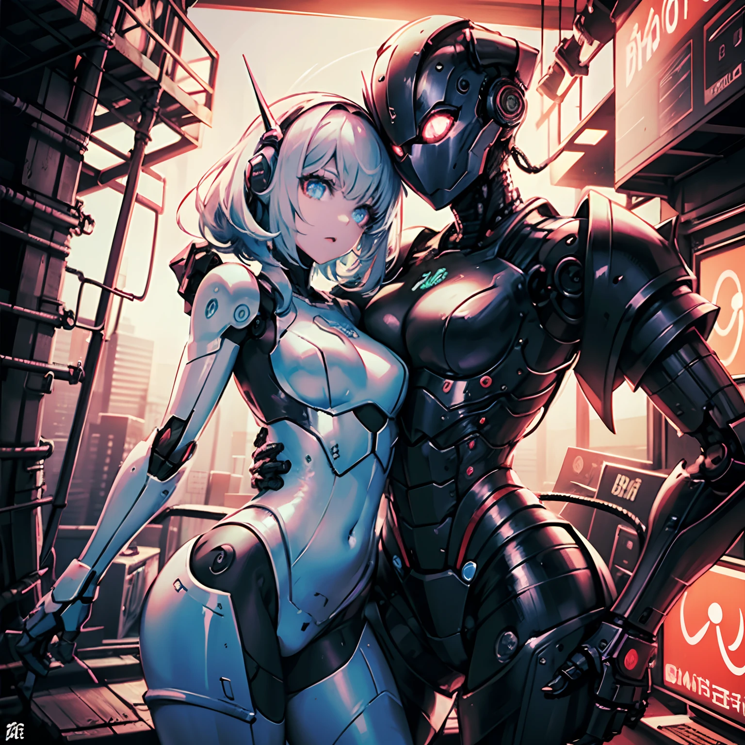 top-quality、high-level image quality、hight resolution、2Robot Girl、lilie、cyberpunked、scientific fiction、White Robot 、Black Robot、neons、colourfull、Beautiful lighting、Robot Girls、