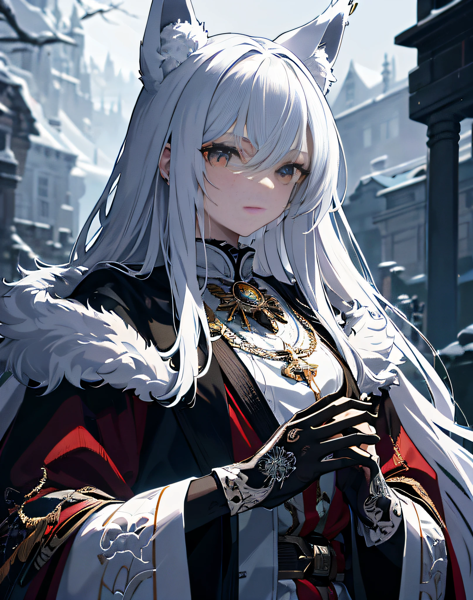 Anime girl with white hair and horns in a red cape - SeaArt AI