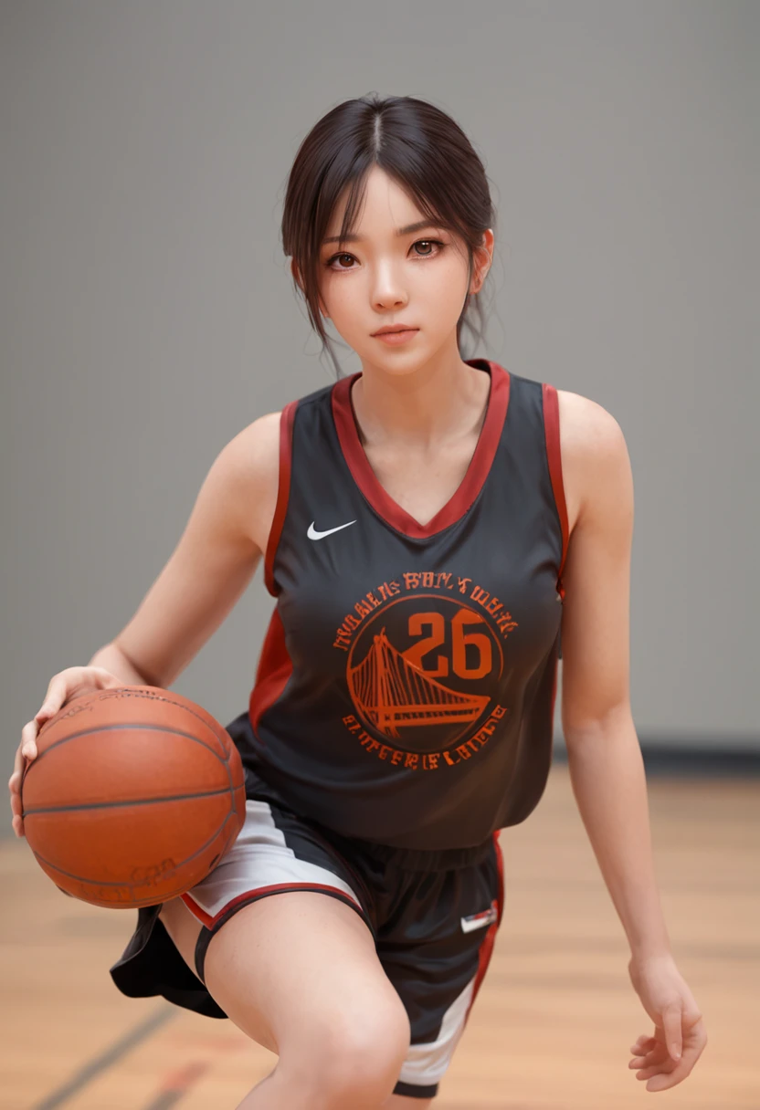 Anime girl with basketball in right hand, Realistic anime art style, Smooth Anime CG Art, drawn in the anime artist studio, High quality anime art style, Wearing a basketball jersey, Made by Anime Artist Studio, Guweiz style artwork, Realistic Anime 3D Style, Digital Animation Illustration, inspired by Ma Yuanyu, Semi-realistic anime style, Anime Slam Dunk, Haruko Akagi
