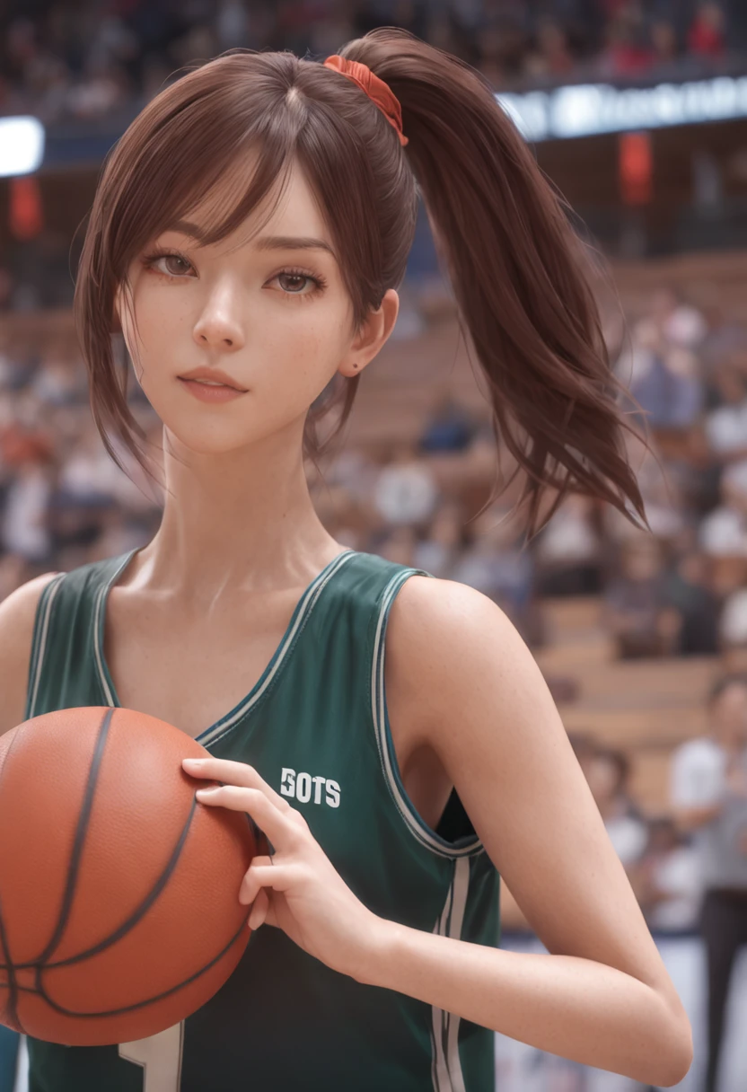 Anime girl with basketball in right hand, Realistic anime art style, Smooth Anime CG Art, drawn in the anime artist studio, High quality anime art style, Wearing a basketball jersey, Made by Anime Artist Studio, Guweiz style artwork, Realistic Anime 3D Style, Digital Animation Illustration, inspired by Ma Yuanyu, Semi-realistic anime style, Anime Slam Dunk, Haruko Akagi