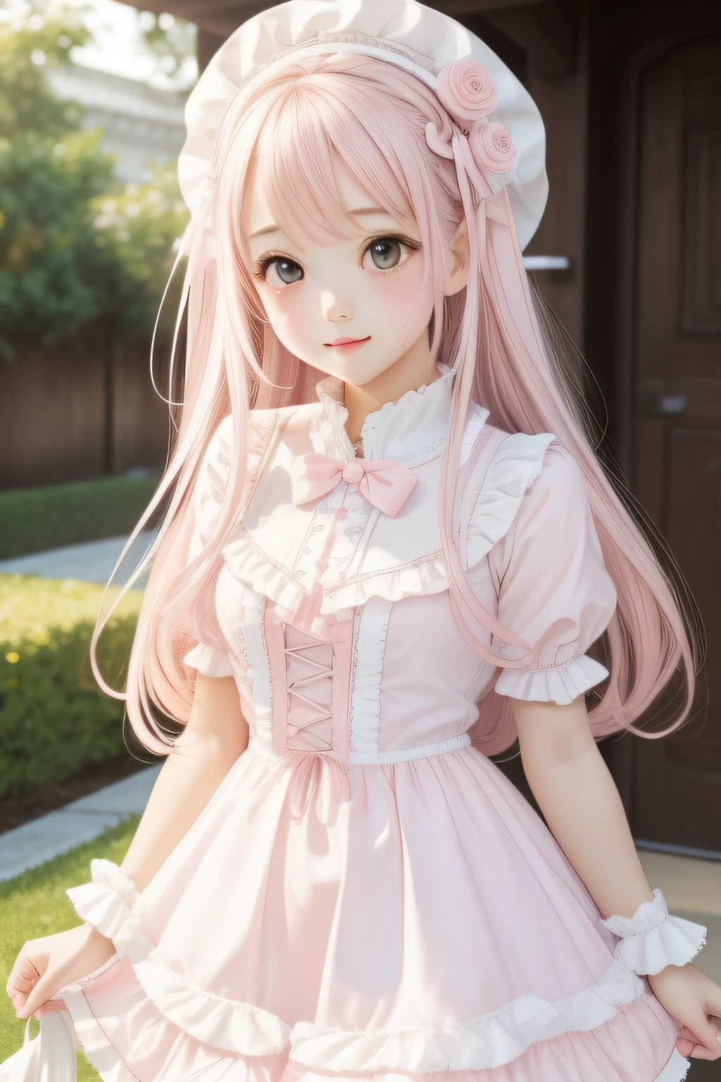 Light pink，Very smooth hair，Wearing a white and light pink Lolita，It looks light，Milky whine，Very cute，Gentle temperament，It's a cute girl