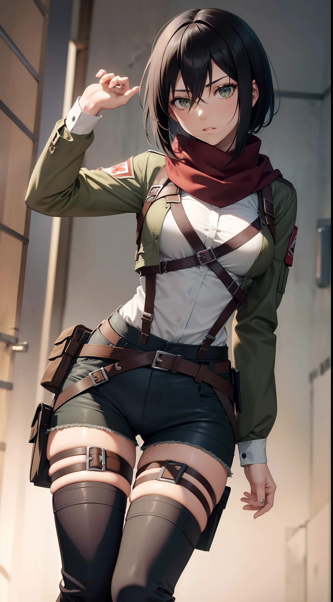 aot style, shingeki no kyojin,

mikasa ackerman,

1girl, arm strap, bangs, black hair, black pants, breasts, cowboy shot, embers, green eyes, grey background, hair between eyes, harness, long sleeves, looking at viewer, medium breasts, pants, red scarf, scarf, shirt, short hair, smoke, solo, thigh strap,  brown jacket, white shirt, survey corps \(emblem\)

, ((masterpiece)), best quality
,