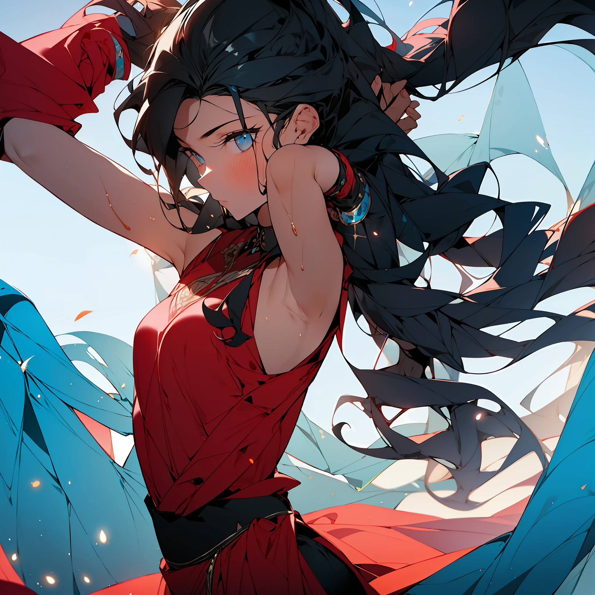 (Obra maestra) (La mejor calidad) A spectacular image in front of the protagonist in a third-person image at a somewhat elevated angle. En un arrozal, A female ninja with supernatural powers runs through the water with a small sword in each hand.. She wears her very long hair tied up in a ponytail with curly locks flying behind her giving a beautiful sense of speed..