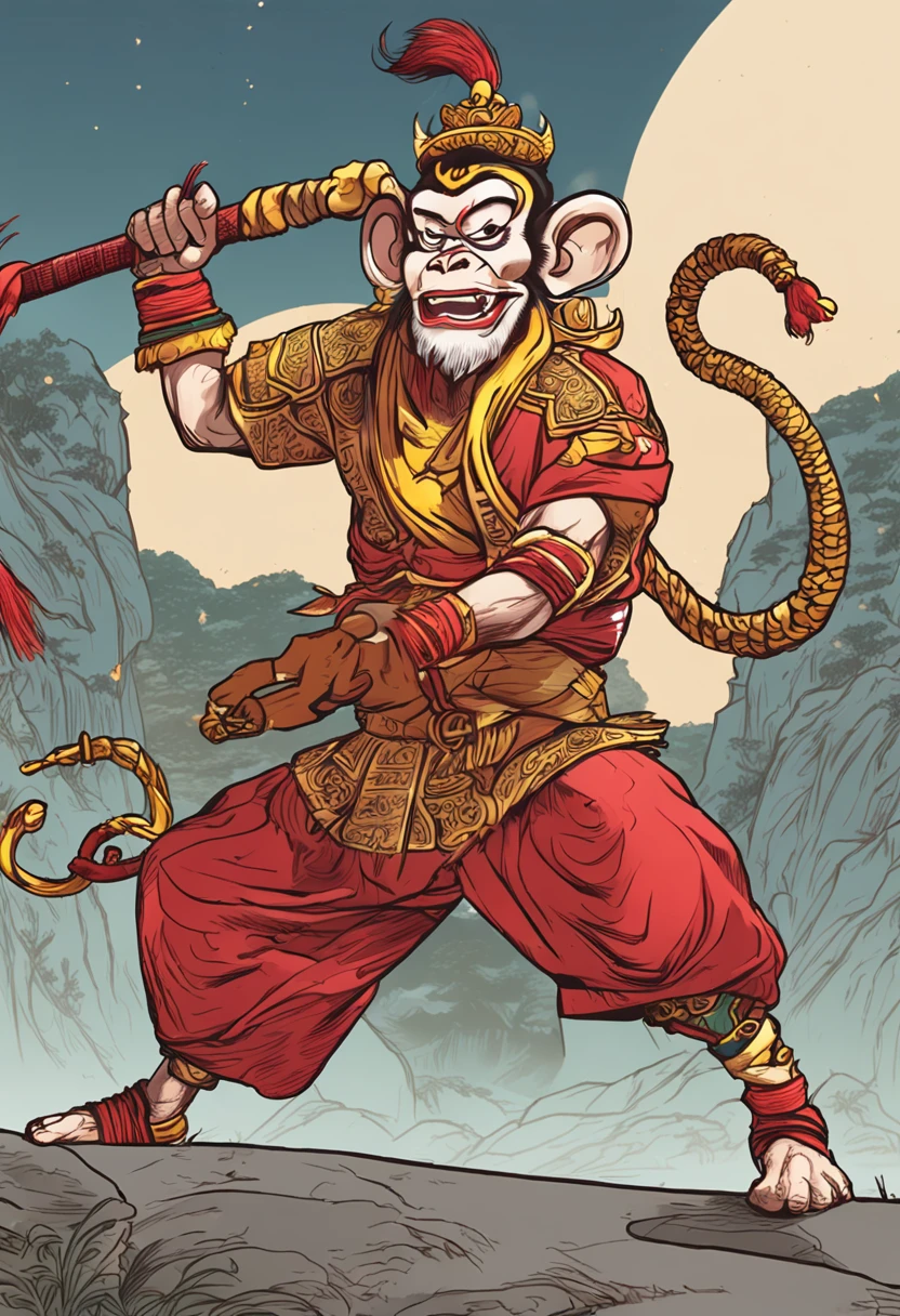 Physical features:The Monkey King is generally depicted as tall、Image of a monkey with a strong body。He usually has yellow or blond skin,A pair of bright and shining eyes,There is also a pointed ear with red fur。
Facial expressions:The face of the Monkey King usually shows the characteristics of being smart and mischievous。He often wears a bright and playful smile,Show a lively and active personality。
Hairstyle features:Sun Wukong has a strand of monkey hair standing on his head,Represents his supernatural and unyielding personality。It can be described as a messy but stylish hairstyle。
Dress up:The Monkey King usually wears a battle suit covered in golden armor,With bracelets and belts made of straw or metal。Sometimes I dress up in various images,Such as a monk、scribes or warriors, etc。
Weapon props:The main weapon held by Monkey King is a golden hoop rod,It can be as large or small as it pleases,Drive with ease。Additionally,He is also often equipped with other magic weapons or magical powers,Such as a muscle、Fire Eye Golden Eye, etc。
Action characteristics:Monkey King is known for his agility and dexterity and superb fighting skills。He's good at flipping his head、Take to the skies,And can use a variety of special tricks and variations。