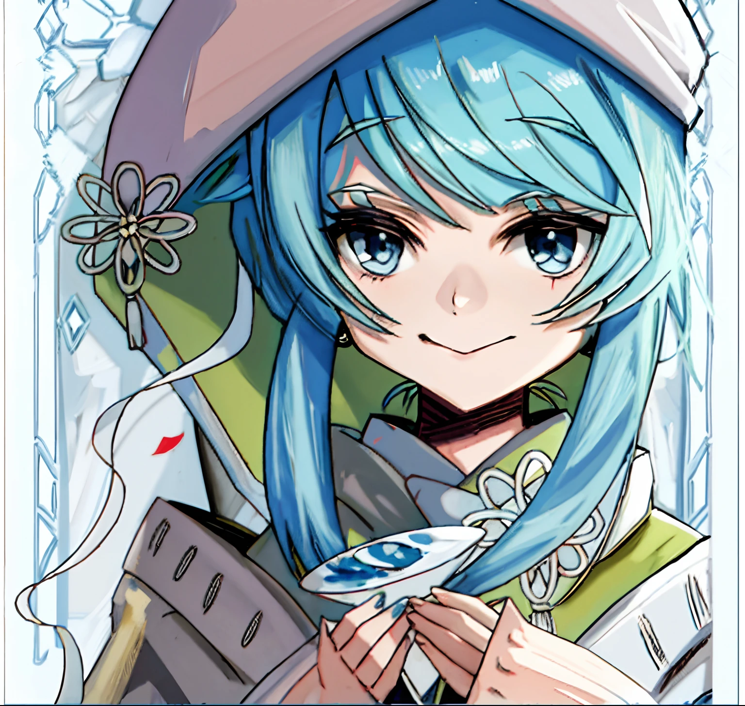 A painting of a girl with a hat and a flower