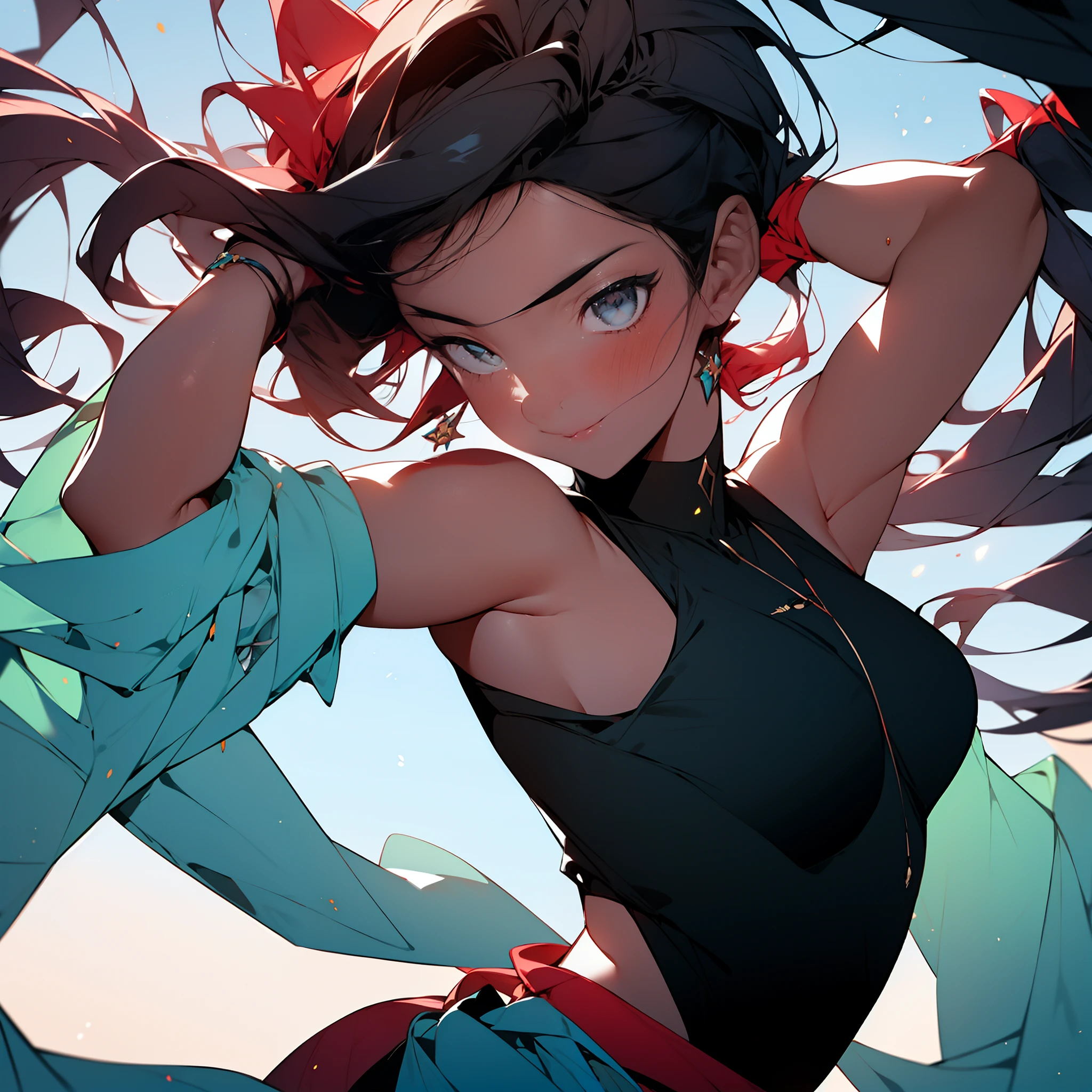 (Obra maestra) (La mejor calidad) A spectacular image in front of the protagonist in a third-person image at a somewhat elevated angle. En un arrozal, A female ninja with supernatural powers runs through the water with a small sword in each hand.. She wears her very long hair tied up in a ponytail with curly locks flying behind her giving a beautiful sense of speed..