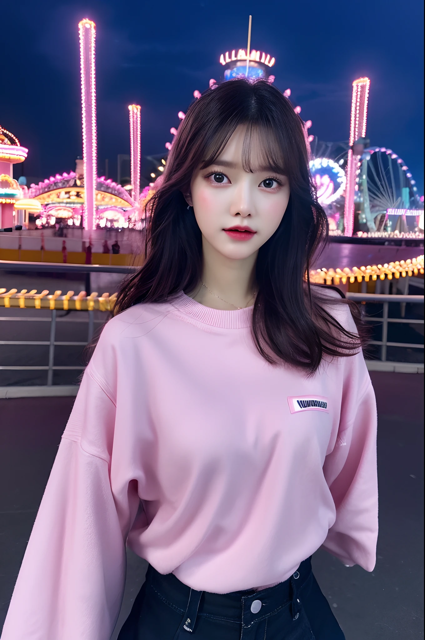 1girl in, Super beautiful girl, Dream Girl, Wearing pink, ulzzangs, Dancing, Concert in amusement park in the background, Lightning in the sky, Ultra Details, A hyper-realistic, Cinematic , Octane Render, 16 K,A dark-haired