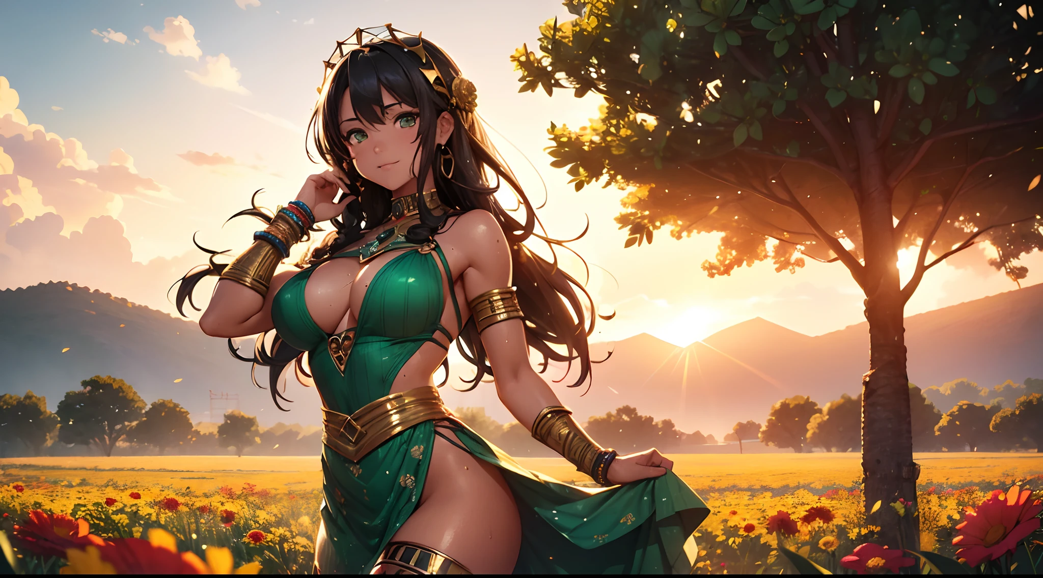 ((Masterpiece)), ((extreme details)), aztec warrior girl, fit body, latina in summer short dress of light fabric and semi transparent, dancing on a flowers field in a windy day, wind lift dress, looking at viewer, Slightly transparent white nightdress,  loving smile, golden ring, fit body, (tribal painted mark), black hair, long braided hair, green emerald eyes, sexy figure, tinny breast, juicy muscular ass, (fit body), sweaty, wet, Field of flowers as far as the eye can see, ((High Details)), ((Best quality)), 8k, realism, Ray Tracing, reflection light, textured skin, Rendu CG3D, lighting cinematic,