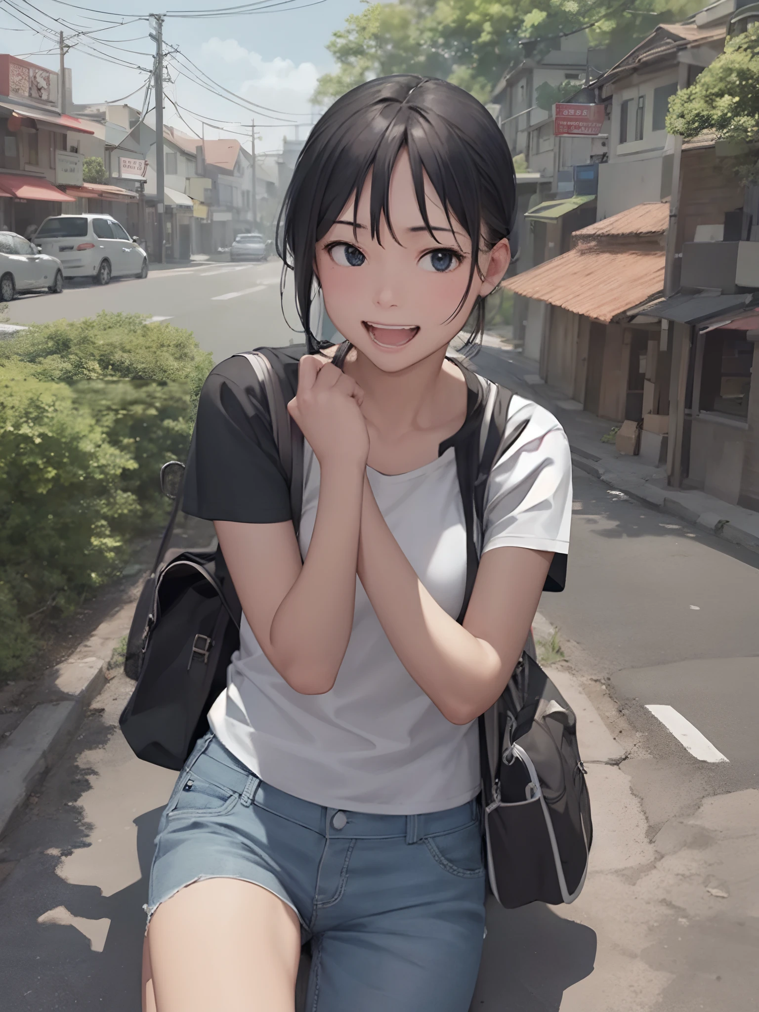 (masterpeace, best quality), 1girl, 15yo, floral dress, (white panties), spread legs, sitting on banch, park, wide angle, selfie, summer hat, best lighting, best shadows