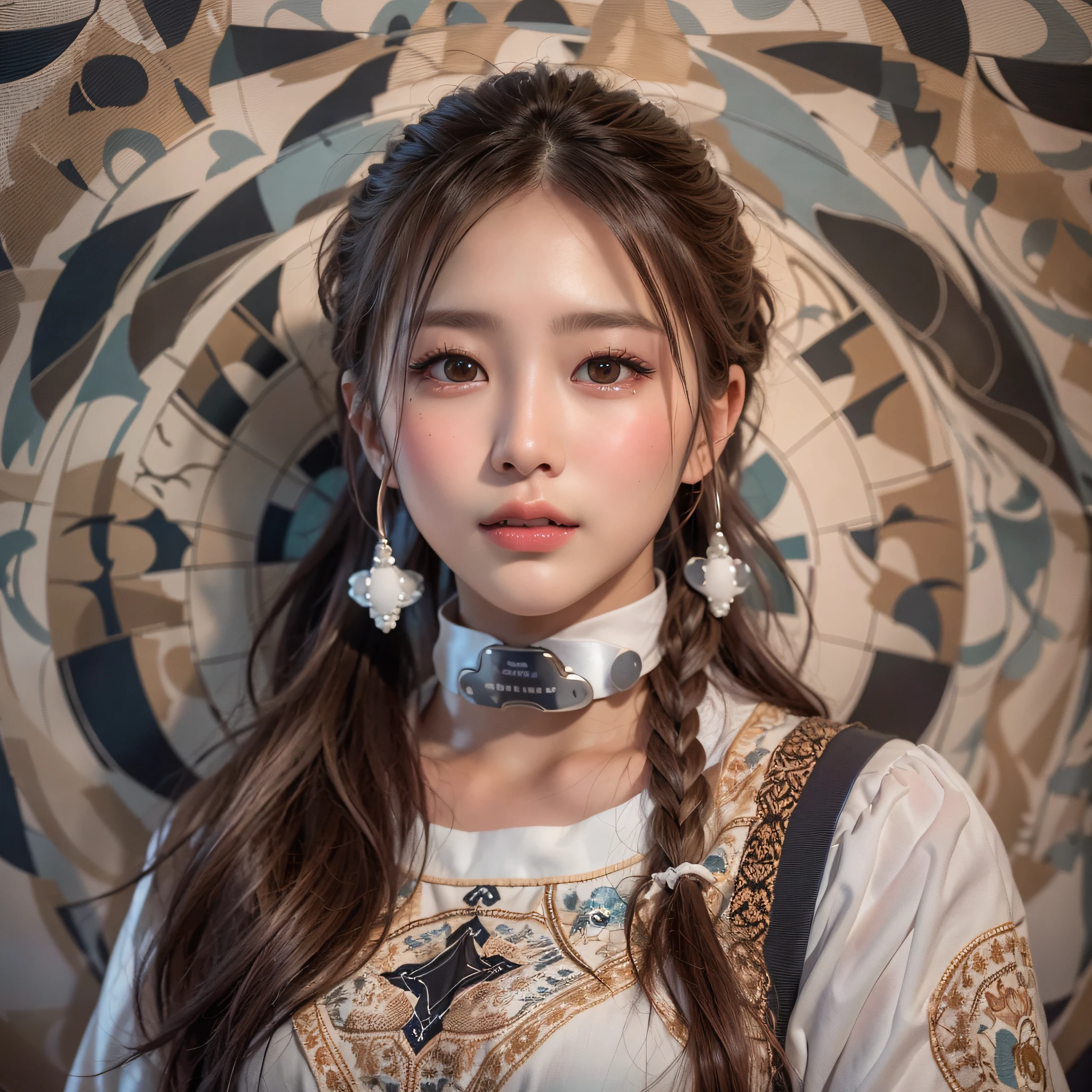 (Background, symmetrical, Compositions with coloful geometric arabesque patterns):1.3, (high shadows detail), (cowboy shot:1.3), (hair bun, single braid, dark brown hair), (top-quality, Photorealsitic:1.3, masterpiece:1.3, RAW Photography:1.2, cinematric light, very detailed illustration), (1woman:1.3, solo), (asian girl, ultra delicate face, ultra Beautiful fece, ultra delicate eyes, ultra detailed nouse, ultra detailed mouth, ultra detailed facial features), (Nurse Cosplay), (medium breast:1.3), from the front side, (shiny skin), lipgloss, Show cleavage