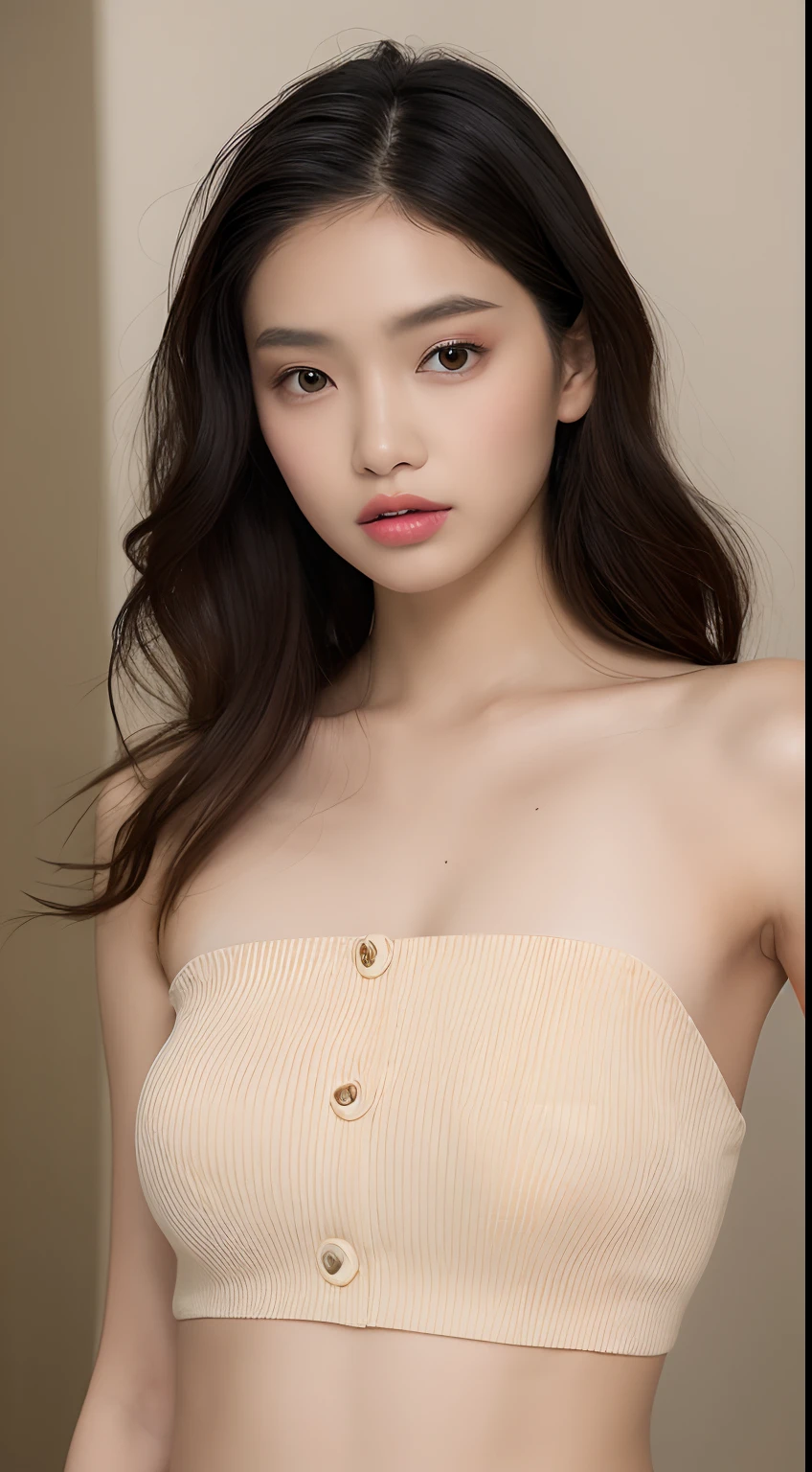 one Filipina model ,Unique hair details, tube top virtual fashion, Near future, Curvilinear details , double eyelid, plump lips, summer breeze