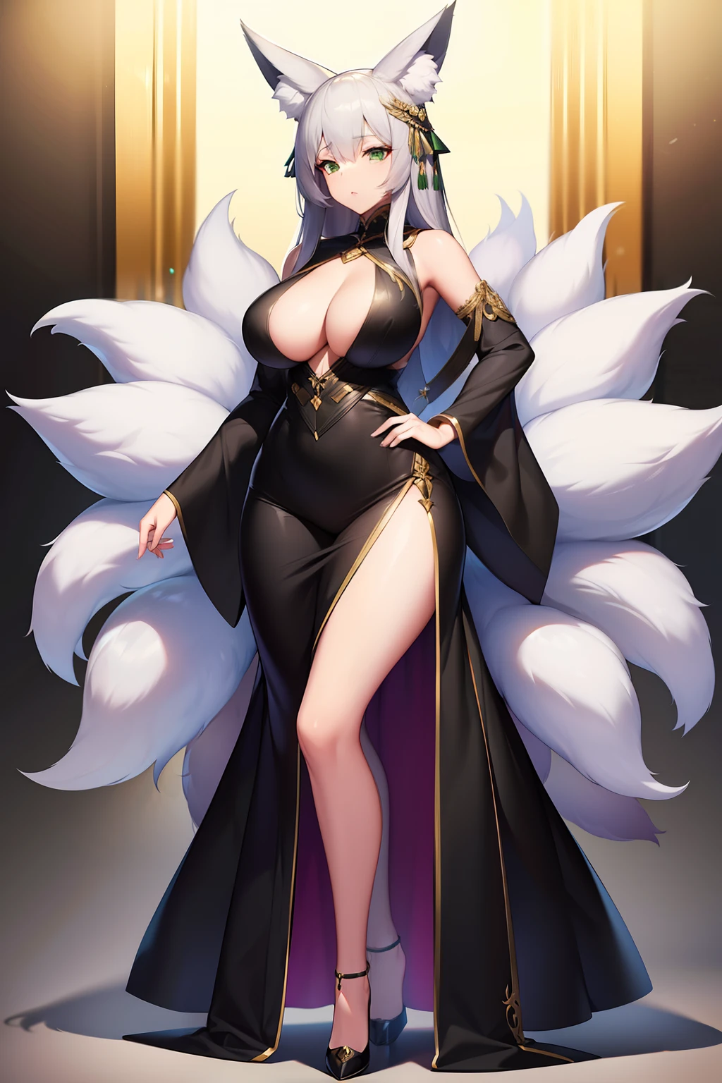 one woman, fox ears, fox tail, silver hair, green eyes, medium breasts, wide hips, full body, hair ornament, mommy, mature lady, well dressed,