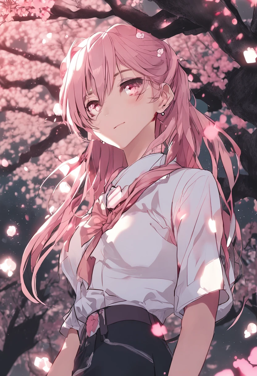 比基尼，Red eyes, ring, Smile, Solo, White shirt, under a sakura tree，Sakura blossoms，NSFW，Clear next to the lake，blond hairbl，Gradient hair，Clear moonlight，（beautiful night）pink areolae，Briefs are exposed，Get wet all over your body，（Ponytail on both sides），Night（Pink hair），dual horsetail