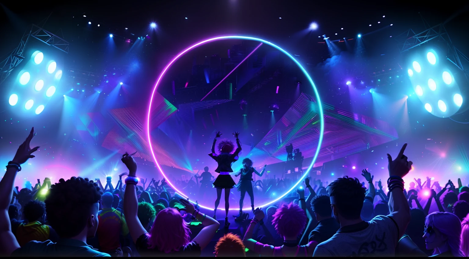 people are dancing in a disco with a neon ring, neon glow concept art, neon lights in background, rave background, rave party, music festival, neon lights in the background, neon synth wave, explosion of neon lights, scene from a rave, neon background lighting, background with neon lighting, techno neon projector background, nightclub background, summer festival in background