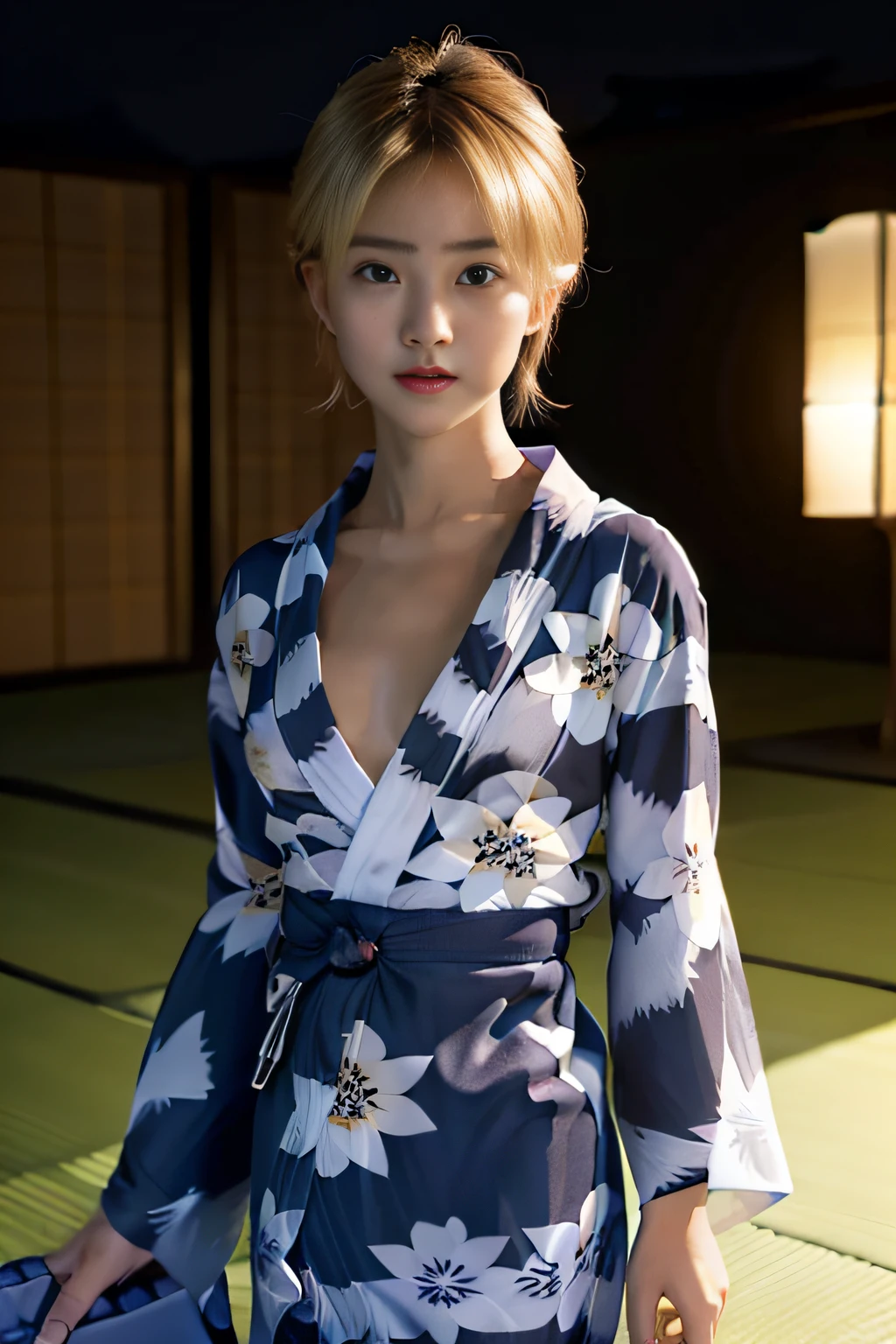 8k, best quality, ultra high res, (photo realistic:1.4), (Japanese famous actress:1.2), very beautiful, kawaii, professional photograph, an extremely delicate and beautiful, extremely detailed, extremely detailed beautiful girl, extremely detailed face, extremely detailed eyes, extremely detailed skin, extremely detailed fingers, extremely detailed nose, extremely detailed mouth, perfect anatomy, realistic body, fair skin, shiny skin, slender body, good figure, looking at viewer, (blond hair:1.2), (very short hair:1.2),  (flat chest:1.5), (tanned skin:1.4), black gal, dynamic lighting, extremely detailed CG unity 8k wallpaper, (full body:1.1), (fireworks:1.2), (yukata:1.7), stall, armpit,