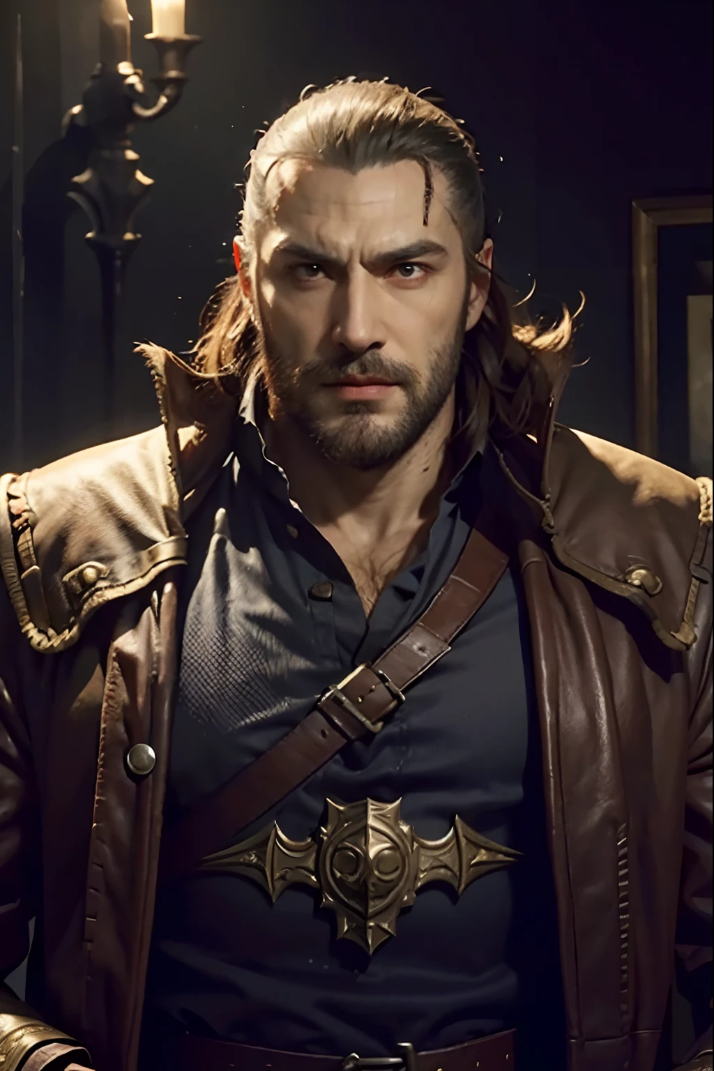 Castlevania Lord of the shadows bald beard handsome muscular man hyper realistic face evil expression